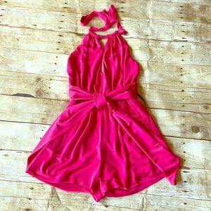 NWT Bebe bright pink backless halter top romper